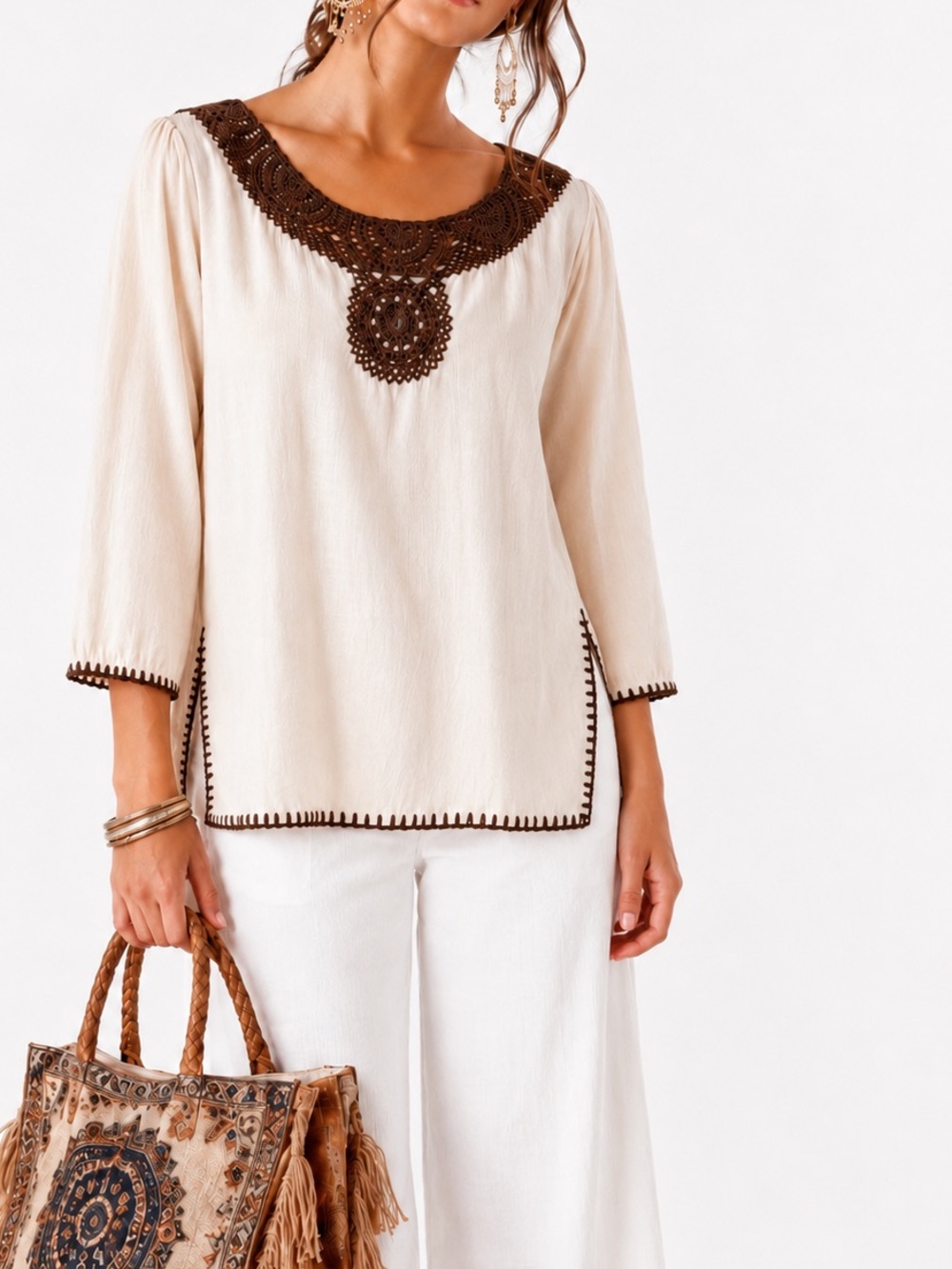 CHADWICKS Boho Cream Tunic w Brown Crochet Trim Long Sleeve Cotton Top